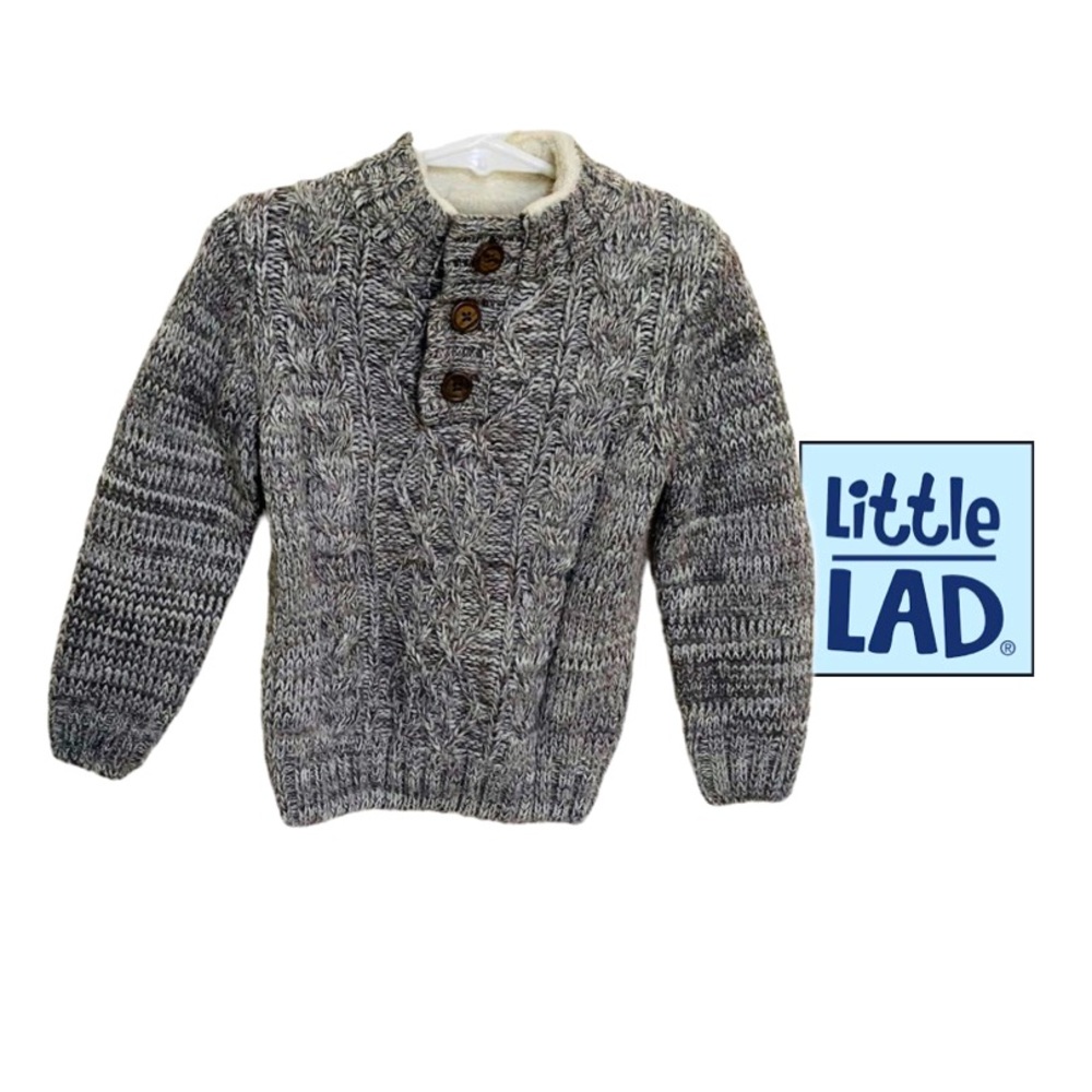 LITTLE LAD Gray Knit Sweater With Fleece Neck~Three Buttons~Patches Elbows Sz 3T